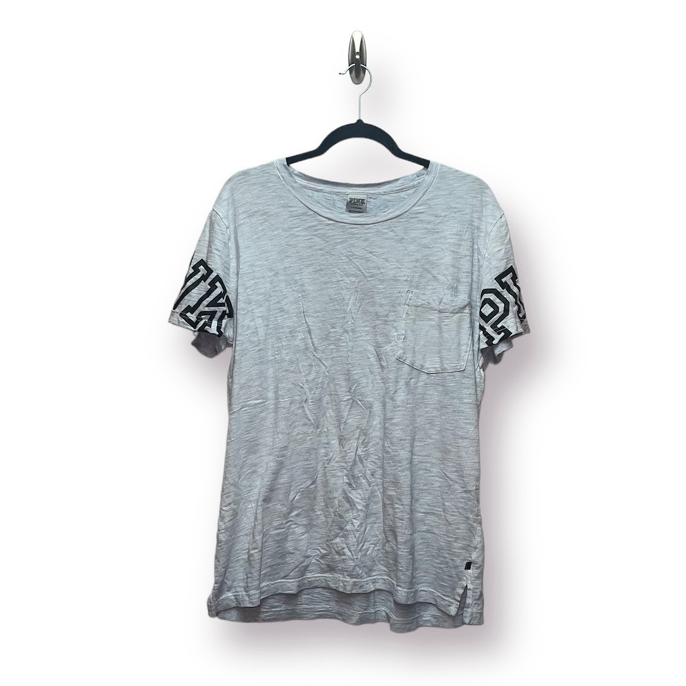 Pink cool tone gray (hints of baby blue) T-shirt. Size L